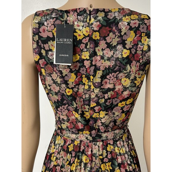 NWT Ralph Lauren Black Label Pleated Metallic Floral Dress Size 2 Jacquard - Picture 5 of 15